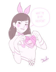 Rule 34 | 1girl, animal ears, biting own lip, brand name imitation, breasts, candy, chocolate, chocolate heart, covered erect nipples, d.va (overwatch), dazol, detached collar, facepaint, facial mark, fake animal ears, food, happy valentine, heart, heart pasties, overwatch, overwatch 1, pasties, rabbit ears, valentine, whisker markings