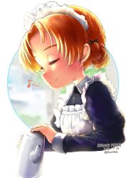 Rule 34 | 1girl, alternate costume, apron, black bow, black dress, blue eyes, bow, braid, buchikaki, character name, closed mouth, collared dress, cropped torso, dated, dress, eighth note, enmaided, girls und panzer, hair bow, holding, holding teapot, long sleeves, maid, maid apron, maid headdress, musical note, orange hair, orange pekoe (girls und panzer), parted bangs, short hair, simple background, smile, solo, teapot, upper body, white apron, white background