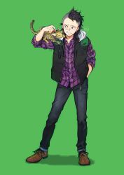 Rule 34 | 1boy, absurdres, animal, animal on shoulder, black pants, brown footwear, cat, cat on shoulder, contemporary, earrings, green background, hand in pocket, hand up, highres, hood, hood down, hooded vest, hoodie, jewelry, kimetsu no yaiba, long sleeves, male focus, pants, parted lips, plaid, plaid shirt, purple shirt, scar, scar on face, shadow, shinazugawa genya, shinishi chiho, shirt, shoes, signature, simple background, smile, solo, vest