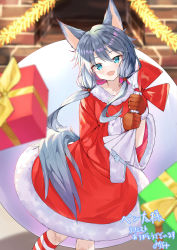 Rule 34 | 1girl, absurdres, animal ears, blue eyes, blush, christmas, fang, gift, highres, long hair, looking at viewer, nogami (minamiituki), open mouth, ribbon, santa costume, smile, socks, solo, striped clothes, striped legwear, striped socks, tail, twintails, virtual youtuber, white hair