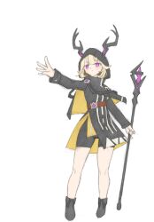 Rule 34 | 1girl, antlers, arknights, bike shorts, black dress, black footwear, blonde hair, capelet, casting spell, deer antlers, dress, expressionless, full body, highres, holding, holding staff, horns, layered dress, leithanien whisperer (arknights), purple eyes, simple background, sokolov, solo, staff, white background