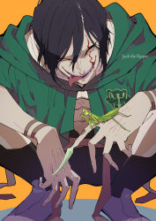 Rule 34 | 1boy, abs, absurdres, black clover, black hair, capelet, character name, green capelet, highres, jack the ripper (black clover), looking at viewer, naughty face, nekoma hikaru, open mouth, orange eyes, praying mantis, short hair, smile, solo, squatting, tongue, tongue out