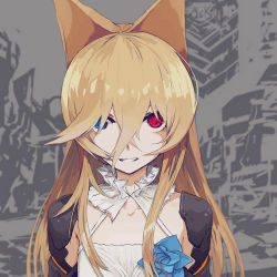 Rule 34 | 1girl, animal ears, armor, blonde hair, blue eyes, breasts, collarbone, commentary request, dress, flower, fox ears, g41 (girls&#039; frontline), girls&#039; frontline, hair between eyes, halter dress, halterneck, heterochromia, long hair, looking at viewer, papaia (quentingqoo), parted lips, red eyes, small breasts, smile, solo, very long hair, white dress
