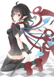 Rule 34 | 1girl, ahoge, asymmetrical wings, bad id, bad pixiv id, black hair, black thighhighs, breasts, female focus, full body, houjuu nue, kneeling, mary janes, ogino (oginogino), pointy ears, polearm, red eyes, shoes, short hair, snake, solo, spear, thighhighs, touhou, trident, weapon, wings, zettai ryouiki