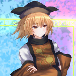 Rule 34 | 1girl, abstract background, alternate hair length, alternate hairstyle, black hat, blonde hair, blue background, blurry, blurry background, crossed arms, detached sleeves, expressionless, gradient background, hair between eyes, hand on own arm, hat, looking to the side, matara okina, pink background, shiranui (wasuresateraito), shirt, short hair, solo, tabard, touhou, upper body, white shirt, yellow eyes