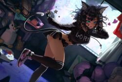Rule 34 | 1girl, animal ear fluff, animal ears, backlighting, black hair, black hoodie, black skirt, black thighhighs, blue eyes, breasts, cat ears, cat girl, cat tail, clothes writing, commission, crop top, day, drawstring, dutch angle, fingerless gloves, gloves, hair ornament, hairclip, highres, hood, hood down, hoodie, indoors, leg up, long sleeves, looking at viewer, medium breasts, melaton, messy room, midriff, miniskirt, outstretched arm, over-kneehighs, panties, panty peek, parted lips, pink footwear, pleated skirt, shoes, short hair, skeb commission, skirt, smile, sneakers, solo, standing, standing on one leg, sunlight, sweetheat vr, tail, thighhighs, thighs, underwear, vrchat, white panties, window
