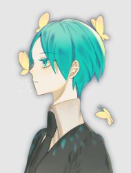 Rule 34 | androgynous, bug, butterfly, butterfly on nose, expressionless, gem uniform (houseki no kuni), gender request, green eyes, green hair, houseki no kuni, insect, necktie, phosphophyllite, short hair, solo, upper body