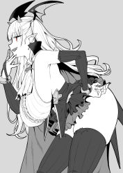 Rule 34 | 1girl, amano don, ascot, bare shoulders, bat wings, breasts, demon girl, detached sleeves, draculina (last origin), earrings, fangs, greyscale, head wings, highres, horns, jewelry, large breasts, last origin, leaning forward, long hair, monochrome, open mouth, pointy ears, red eyes, sideboob, skirt, smile, solo, spot color, thick thighs, thighhighs, thighs, twitter, wings