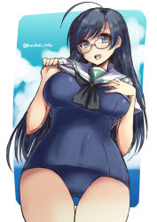 Rule 34 | 10s, 1girl, ahoge, bespectacled, black eyes, black hair, black neckerchief, blouse, blue one-piece swimsuit, breasts, clothes lift, cowboy shot, girls und panzer, glasses, gluteal fold, hand on own chest, isuzu hana, large breasts, long hair, looking at viewer, neckerchief, no pants, one-piece swimsuit, ooarai school uniform, open mouth, purple-framed eyewear, school swimsuit, school uniform, serafuku, shinshin, shirt, shirt lift, short sleeves, smile, solo, standing, swimsuit, swimsuit under clothes, thigh gap, twitter username, white shirt