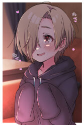 Rule 34 | 1girl, absurdres, blonde hair, blush, collarbone, couch, curtains, ear piercing, grey hoodie, hair over one eye, heart, highres, hood, hoodie, idolmaster, idolmaster cinderella girls, idolmaster cinderella girls starlight stage, long sleeves, looking at another, mariabowl, open mouth, piercing, red eyes, shirasaka koume, short hair, sleeves past wrists, smile, solo, table