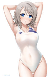Rule 34 | 1girl, :o, armpits, arms up, blue eyes, blush, breasts, cameltoe, collarbone, competition swimsuit, covered navel, grey hair, hair between eyes, highleg, highleg swimsuit, large breasts, looking at viewer, love live!, love live! sunshine!!, miel (lessontome), nipples, one-piece swimsuit, open mouth, parted bangs, see-through, short hair, simple background, skindentation, solo, standing, swept bangs, swimsuit, watanabe you, wet, white background, white one-piece swimsuit