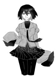 1girl greyscale highres jing84672940 juliet_sleeves lapels long_sleeves looking_at_viewer monochrome monogatari_(series) notched_lapels oshino_ougi pantyhose parted_lips pleated_skirt puffy_sleeves school_uniform skirt sleeve_cuffs smile solo