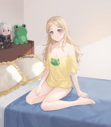 Rule 34 | 1girl, absurdres, alternate hairstyle, animal print, artist name, bare shoulders, barefoot, bed, blonde hair, blue eyes, breasts, character doll, cleavage, closed mouth, collarbone, commission, fire emblem, fire emblem awakening, frog print, hair down, highres, indoors, lissa (fire emblem), long hair, looking at viewer, medium breasts, moja (rainpoow), nintendo, off-shoulder shirt, off shoulder, parted bangs, pillow, robin (fire emblem), robin (male) (fire emblem), shirt, sitting, small breasts, solo, stuffed animal, stuffed toy, yellow shirt, yokozuwari
