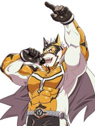 Rule 34 | 1boy, animal ears, animal print, arm up, bara, black gloves, bodysuit, bulge, cape, covered abs, covered navel, facial hair, furry, furry male, gloves, goatee, grausummon, index finger raised, live a hero, male focus, microphone, muscular, orange bodysuit, orange eyes, pectorals, ryekie (live a hero), short hair, skin tight, solo, tiger boy, tiger ears, tiger print, upper body, white cape