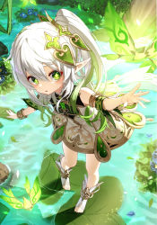 Rule 34 | 1girl, balancing, bracelet, crystalfly (genshin impact), dress, feet, genshin impact, green eyes, hair ornament, highres, jewelry, lily pad, long hair, nage (sacosui ng), nahida (genshin impact), outdoors, outstretched arms, pointy ears, pond, short dress, side ponytail, sleeveless, sleeveless dress, socks, solo, toeless footwear, toes, water, white dress, white hair, white socks