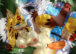 Rule 34 | 1boy, 2girls, artist name, black hair, blue eyes, borrowed character, breasts, censored, dragon, dragoon86, forest, fox, furry, imminent penetration, multiple girls, nature, nipples, penis, pointless censoring, pussy, red eyes, white hair, wings