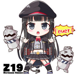 Rule 34 | 1girl, asymmetrical legwear, azur lane, black hair, black jacket, black skirt, black thighhighs, blunt bangs, blush, chibi, commentary request, full body, garter straps, german text, grey eyes, hat, hime cut, jacket, legs apart, long hair, looking at viewer, midriff, military hat, miniskirt, navel, neck ribbon, open clothes, open jacket, open mouth, peaked cap, pleated skirt, red ribbon, ribbon, simple background, skirt, solo, straight hair, teeth, thighhighs, translated, uneven legwear, upper teeth only, v-necker, very long hair, white background, z19 hermann kunne (azur lane)