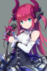 Rule 34 | 10s, 1girl, \m/, aqua eyes, bare shoulders, blush, closed mouth, commentary request, detached sleeves, dragon girl, dress, elizabeth bathory (fate), elizabeth bathory (fate/extra ccc), elizabeth bathory (second ascension) (fate), eterne alice, fang, fang out, fate/extra, fate/extra ccc, fate (series), grey background, holding, holding microphone, horn ornament, horns, long hair, looking at viewer, microphone, pink hair, simple background, skirt, smile, solo, upper body, wrist cuffs