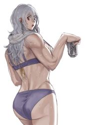 Rule 34 | 1girl, ass, blush, breasts, dorohedoro, earrings, highres, jewelry, long hair, looking at viewer, muscular, muscular female, noi (dorohedoro), open mouth, red eyes, simple background, smile, solo, uei (uei73661268), underwear, white hair