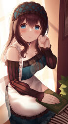 Rule 34 | 1girl, apron, black choker, black hair, blue eyes, blue hairband, blush, book, breasts, choker, cleavage, closed mouth, commentary, curtains, detached sleeves, hairband, hand up, highres, idolmaster, idolmaster cinderella girls, indoors, lens flare, long hair, long sleeves, looking at viewer, medium breasts, pantyhose, partita, sagisawa fumika, sitting, smile, solo, striped clothes, striped pantyhose, symbol-only commentary, white apron, window