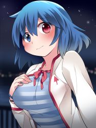 Rule 34 | 1girl, alternate costume, bad id, bad pixiv id, blouse, blue eyes, blue hair, blurry, blush, breasts, city lights, commentary, contemporary, depth of field, embarrassed, frown, hammer (sunset beach), hand on own chest, heterochromia, jacket, large breasts, looking at viewer, night, open clothes, open jacket, outdoors, railing, red eyes, shirt, short hair, sky, solo, star (sky), starry sky, striped clothes, striped shirt, tatara kogasa, touhou, water, white jacket