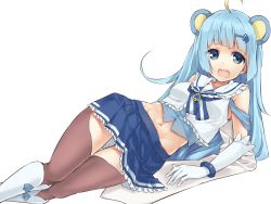 Rule 34 | 10s, 1girl, ahoge, animal ears, blue eyes, blue hair, brown thighhighs, dyed ahoge, fake animal ears, gloves, hair ornament, hairclip, highres, long hair, lying, maruki (punchiki), matching hair/eyes, midriff, mouse ears, navel, on side, open mouth, show by rock!!, simple background, skirt, solo, thighhighs, tsukino (show by rock!!), very long hair, white background, white gloves