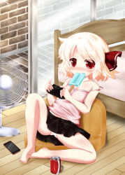 Rule 34 | 1girl, bad id, bad pixiv id, barefoot, bed, blonde hair, blush, can, casual, cellphone, cocozasa, electric fan, food, mouth hold, panties, pantyshot, phone, playing games, popsicle, red eyes, rumia, short hair, sitting, skirt, smartphone, solo, spread legs, strap slip, touhou, underwear, upskirt