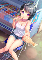 Rule 34 | 1girl, absurdres, bare arms, bare legs, black hair, breasts, candy store, chair, cleavage, collarbone, day, eating, folding chair, food, hair ornament, highres, ice cream, knees together feet apart, lens flare, looking at viewer, original, outstretched arm, purple eyes, shop, short hair, short shorts, shorts, sitting, small breasts, solo, summer, tank top, white tank top, yoko-ya manjirou
