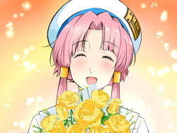 Rule 34 | 1girl, absurdres, andanden, aria (manga), aria company uniform, bouquet, closed eyes, eyelashes, flower, gradient background, highres, looking at viewer, mizunashi akari, open mouth, orange background, parted bangs, pink hair, short hair with long locks, signature, solo, upper body, white headwear, yellow background, yellow flower