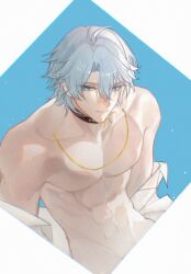 1923rash 1boy abs absurdres blue_eyes blue_hair body_markings choker highres honkai:_star_rail honkai_(series) male_focus muscular muscular_male phainon_(honkai:_star_rail) solo toned toned_male