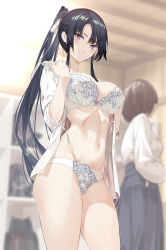 Rule 34 | 1girl, absurdres, black hair, blurry, blurry background, blush, bra, breasts, cleavage, collarbone, depth of field, floral print, hair ribbon, hands up, highres, hiiragi yuuichi, indoors, lace, lace-trimmed bra, lace-trimmed panties, lace trim, large breasts, long hair, looking at viewer, navel, off shoulder, open clothes, open shirt, original, panties, parted bangs, parted lips, ponytail, purple eyes, ribbon, shirt, sidelocks, solo focus, underwear, undressing, very long hair, wet, white bra, white panties, white ribbon, white shirt