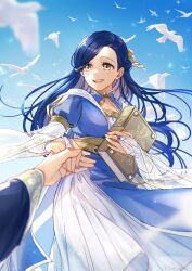 Rule 34 | 1girl, :d, absurdres, bird, blue dress, blue hair, blue sky, blurry, blurry foreground, bridal gauntlets, colored inner hair, day, dress, floating hair, flower, grey hair, hair flower, hair ornament, highres, holding, holding hands, honzuki no gekokujou, jewelry, long hair, myne (honzuki no gekokujou), multicolored hair, open mouth, outdoors, ring, san+, sky, smile, solo focus, two-tone dress, very long hair, white dress, yellow eyes, yellow flower