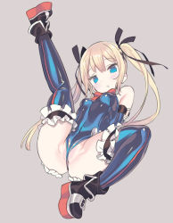Rule 34 | 1girl, bare shoulders, black footwear, black ribbon, blade (galaxist), blonde hair, blue eyes, blue leotard, blue one-piece swimsuit, blue thighhighs, blush, bow, brown background, covered navel, dead or alive, frilled leotard, frilled thighhighs, frills, gloves, hair ribbon, leg up, leotard, long hair, marie rose, one-piece swimsuit, parted lips, red bow, ribbon, simple background, solo, swimsuit, thighhighs, twintails, white gloves