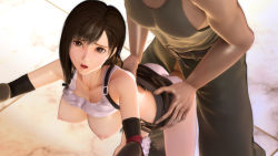 Rule 34 | 1990s (style), 1girl, 3d, @oz, bent over, bright one, brown hair, censored, clothed sex, erection, final fantasy, final fantasy vii, long hair, pants, penis, retro artstyle, tifa lockhart
