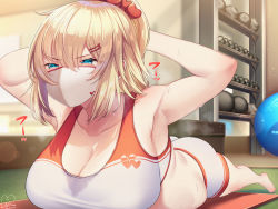 Rule 34 | 1girl, akai haato, armpits, arms behind head, arms up, ass, ball, bare arms, bare legs, barefoot, belly, blonde hair, blue eyes, breasts, cleavage, exercise ball, full body, hair between eyes, hair ornament, heart, heart hair ornament, highres, hololive, indoors, large breasts, long hair, looking away, lying, magowasabi, mask, mouth mask, on stomach, signature, solo, sound effects, sports bra, sweat, twitter username, virtual youtuber, white sports bra