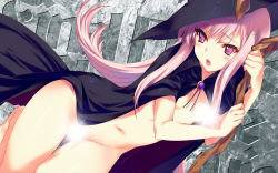Rule 34 | 1girl, blush, breasts, cape, censored, hat, highres, kawata hisashi, long hair, lucy maria misora, naked cape, navel, nude, open mouth, pink eyes, pink hair, solo, to heart, to heart (series), to heart 2, witch hat