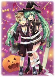 Rule 34 | 1boy, :o, animal ears, bandage over one eye, blonde hair, candy, chain, d:, dress, elbow gloves, gloves, green eyes, green hair, halloween, hat, hatsune miku, high heels, hikari no, jack-o&#039;-lantern, kagamine len, long hair, musical note, open mouth, shoes, spring onion, tail, twintails, very long hair, vocaloid, witch hat