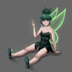 Rule 34 | 1girl, absurdres, angry, aura, blush, breasts, curly hair, detached sleeves, dress, eyelashes, fairy, fairy wings, female focus, fireflies, flats, full body, green dress, green eyes, green footwear, grey background, hair bun, highres, legs, looking at viewer, nose, one-punch man, original, peter pan (disney), pointing, pom pom (clothes), popcaki, signature, simple background, single hair bun, sitting, small breasts, solo, spread legs, tatsumaki, thighs, tinker bell (disney), wings