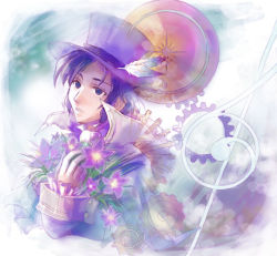 Rule 34 | 1boy, backlighting, bouquet, elbow gloves, expressionless, feathers, flower, formal, frederic chopin, frilled sleeves, frills, fuju, gears, gloves, hand on own chest, hat, hat feather, long sleeves, looking up, male focus, parted lips, purple eyes, purple hair, purple hat, solo, suit, top hat, trusty bell, upper body