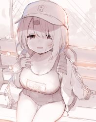 Rule 34 | 1girl, baseball cap, bench, blush, breasts, cleavage, collarbone, hair between eyes, hair ornament, hairclip, hand on own chest, hand up, hat, highres, jacket, ksk (semicha keisuke), long sleeves, looking at viewer, medium breasts, monochrome, nijisanji, old school swimsuit, on bench, one-piece swimsuit, open clothes, open jacket, park bench, parted lips, ribbon, school swimsuit, shiina yuika, sitting, sleeves past wrists, solo, sweat, swimsuit, thigh gap, virtual youtuber