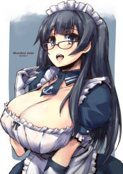 Rule 34 | 10s, 1girl, adapted costume, agano (kancolle), alternate costume, apron, bespectacled, black hair, breasts, cleavage, collarbone, dated, dress, enmaided, frills, glasses, gloves, huge breasts, kantai collection, long hair, maid, maid apron, maid headdress, necktie, open mouth, puffy sleeves, red-framed eyewear, shinshin, smile, solo, twitter username