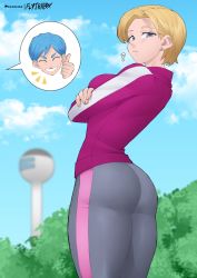 Rule 34 | 2girls, ?, android 18, ass, blonde hair, blue eyes, blue hair, breasts, bulma, closed eyes, cross, dragonball z, flytrapxx, from behind, grin, highres, jacket, leggings, looking at viewer, looking back, multiple girls, shiny clothes, short hair, sideboob, skin tight, smile, solo focus, spandex, thumbs up, track jacket
