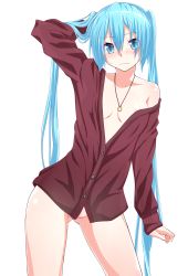 Rule 34 | 1girl, aqua eyes, aqua hair, bad id, bad pixiv id, bottomless, cardigan, hatsune miku, highres, jack dempa, jewelry, long hair, looking at viewer, naked cardigan, necklace, ring, see-through, shirt, simple background, solo, very long hair, vocaloid