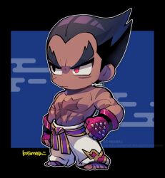 Rule 34 | 1boy, arm at side, barefoot, belt, black eyes, black hair, closed mouth, egasumi, full body, gloves, heterochromia, kotorai, looking to the side, male focus, mishima kazuya, no nose, pants, pectorals, purple belt, red eyes, red gloves, scar, scar on arm, scar on chest, scar on face, short hair, standing, studded gloves, tekken, topless male, v-shaped eyebrows, white pants