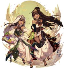 Rule 34 | 2girls, arabian clothes, breasts, brown hair, dunyazad (grimms notes), earrings, flower, full body, grimms notes, holding hands, jewelry, long hair, multiple girls, necklace, one eye closed, open mouth, ponytail, purple eyes, ribbon, sacanahen, scheherazade (grimms notes), smile, teeth, tiara, turban