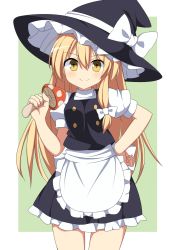 Rule 34 | 1girl, apron, bad id, bad pixiv id, black dress, black hat, blonde hair, border, bow, breasts, commentary request, cowboy shot, dress, enushi (toho193), food, frilled apron, frills, green background, hair between eyes, hand on own hip, hand up, hat, hat bow, highres, holding, holding food, holding mushroom, kirisame marisa, long hair, looking at viewer, mushroom, outside border, petticoat, puffy short sleeves, puffy sleeves, short sleeves, simple background, small breasts, smile, solo, standing, thighs, touhou, very long hair, waist apron, white apron, white border, white bow, witch hat, yellow eyes