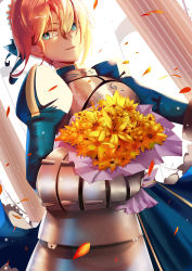 Rule 34 | 1girl, absurdres, armor, armored dress, artoria pendragon (fate), bad id, bad pixiv id, blonde hair, bouquet, breastplate, fate/stay night, fate (series), flower, flower request, green eyes, hair between eyes, highres, juliet sleeves, long sleeves, looking at viewer, lucky (1045044604), petals, puffy sleeves, saber (fate), smile, solo