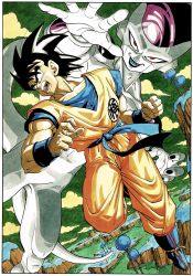 Rule 34 | 2boys, angry, bad id, bad twitter id, black hair, blue footwear, boots, border, cleaned, clenched hand, clothes writing, cloud, cloudy sky, collarbone, commentary, dark-skinned male, dark skin, day, dougi, dragon ball, dragonball z, dutch angle, evil smile, fighting stance, fingernails, frieza, frown, full body, grass, green sky, highres, island, lake, looking at viewer, looking to the side, male focus, messy hair, multiple boys, muscular, official art, open mouth, outdoors, outstretched hand, red eyes, screaming, shiny skin, sky, smile, son goku, spiked hair, teeth, toriyama akira, tree, v-shaped eyebrows, water, white border