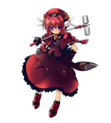 Rule 34 | 1girl, ahoge, bad id, bad pixiv id, blush, braid, closed mouth, dress, frown, gotou nao, graf eisen, hair ornament, hammer, hat, holding, holding weapon, looking at viewer, lyrical nanoha, magical girl, rabbit hair ornament, red dress, red footwear, red hair, red hat, shoes, simple background, solo, standing, twin braids, twintails, vita (nanoha), war hammer, weapon, white background