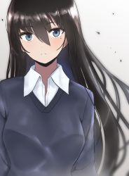Rule 34 | 1girl, black hair, blue sweater, blush, collared shirt, commentary request, earrings, grey background, hair between eyes, hinomaru (futagun), jewelry, long hair, looking at viewer, mole, mole under eye, original, parted lips, shirt, solo, stud earrings, sweater, very long hair, white shirt